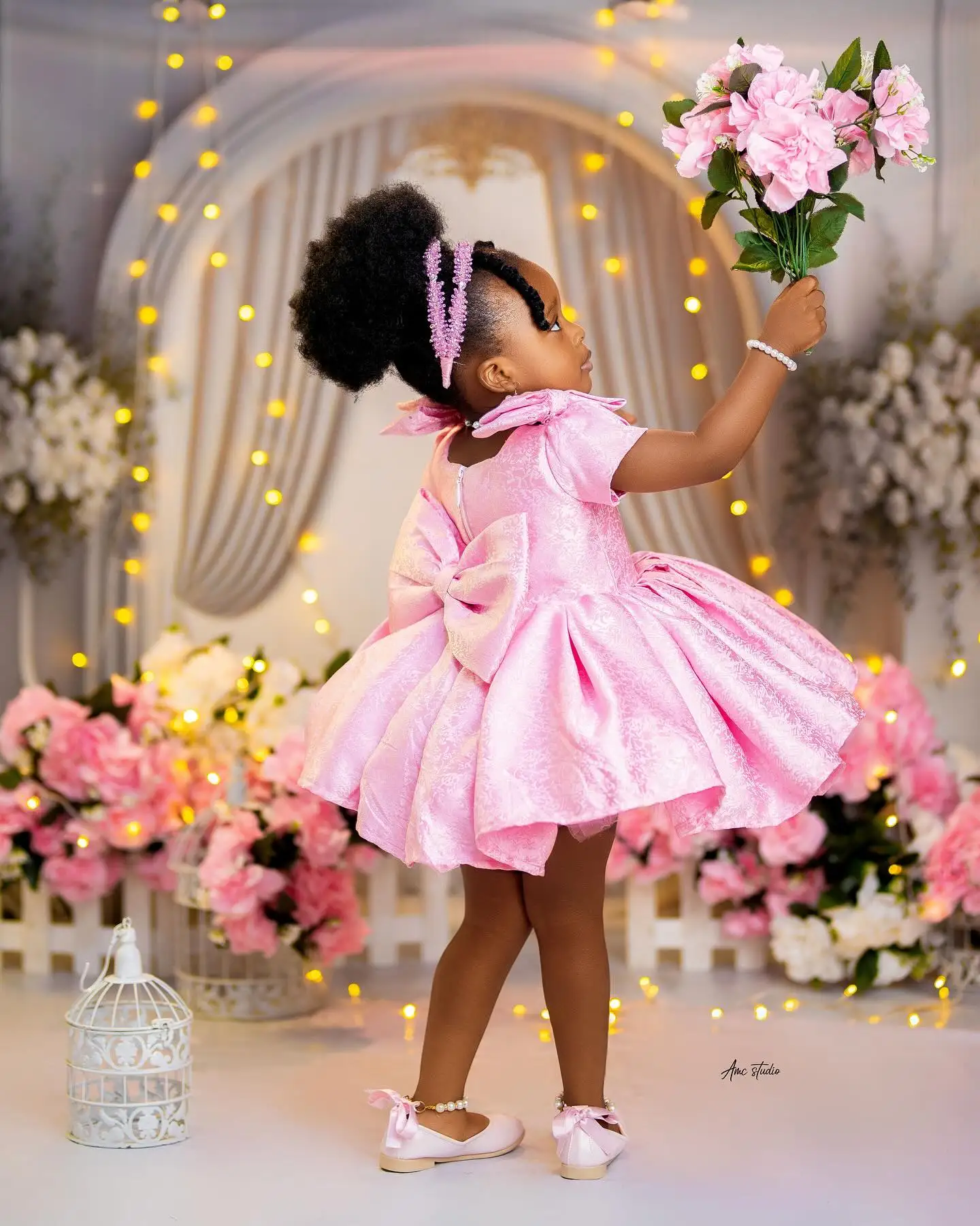 Cswdocy Pink Lace Flower Girl Dresses for Wedding Girls Bow Short Birthday Party Dresses Customized First Communion Dress 2027
