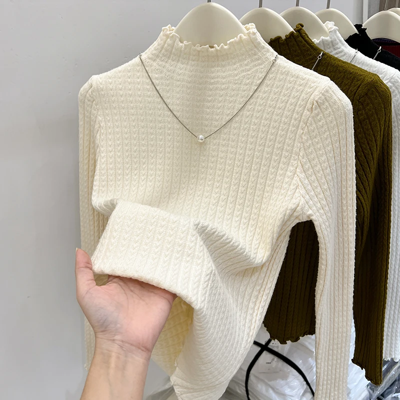 Herbst Winter Halb Hohen Kragen Rüschen Pullover Frauen Langarm Gestrickte Einfache Basis Schicht Pullover Frauen Feste Beiläufige Pullover