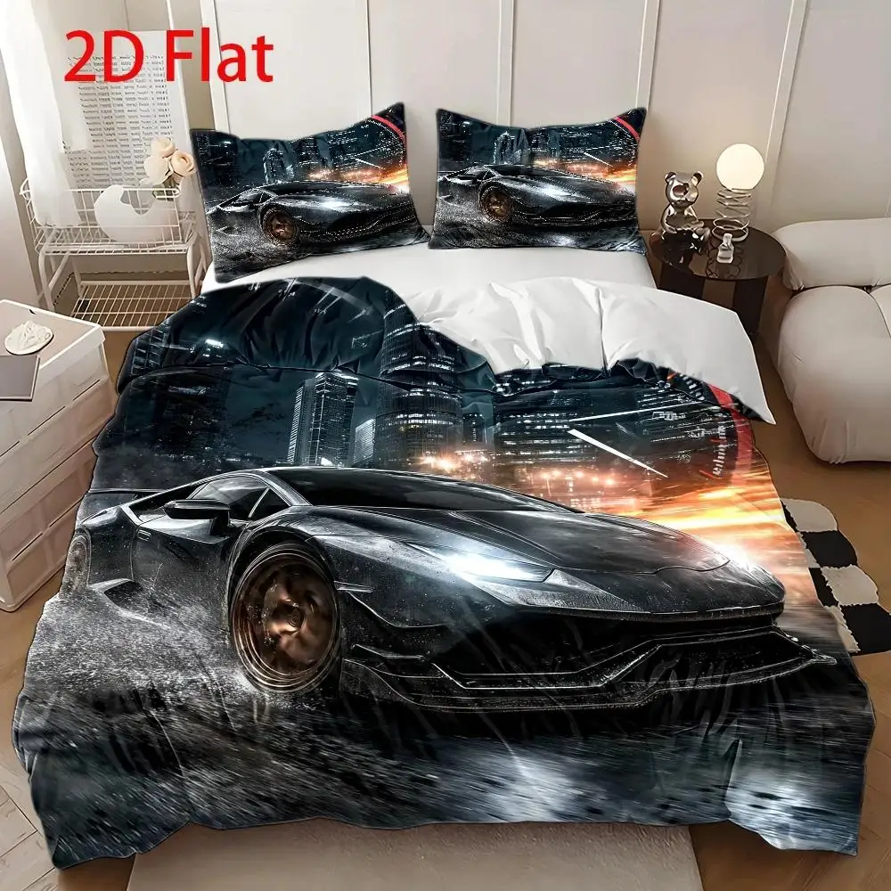 3Pcs Duvet Cover Set, 1Pc Duvet Cover and 2Pcs Pillowcases (No Filling) 2D Flat Printing, Car Theme Pattern, Futuristic Tech Style