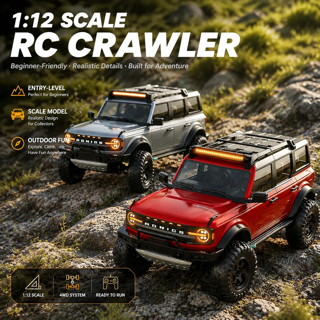 Hongxing 1:12 Scale RC Crawler Truck 4WD Off Road Rock Climbing Car High Speed Trail Vehicle LED Light RTR Hobby Model