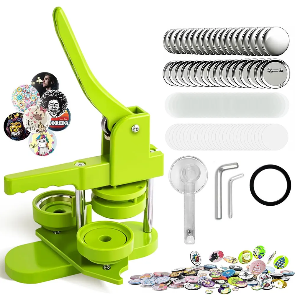 58mm/2.28in Green Metal Badge Maker Kit, No Assembly, 100 DIY Badge Sets & Circle Cutter for Custom Pins, Souvenirs & Crafts