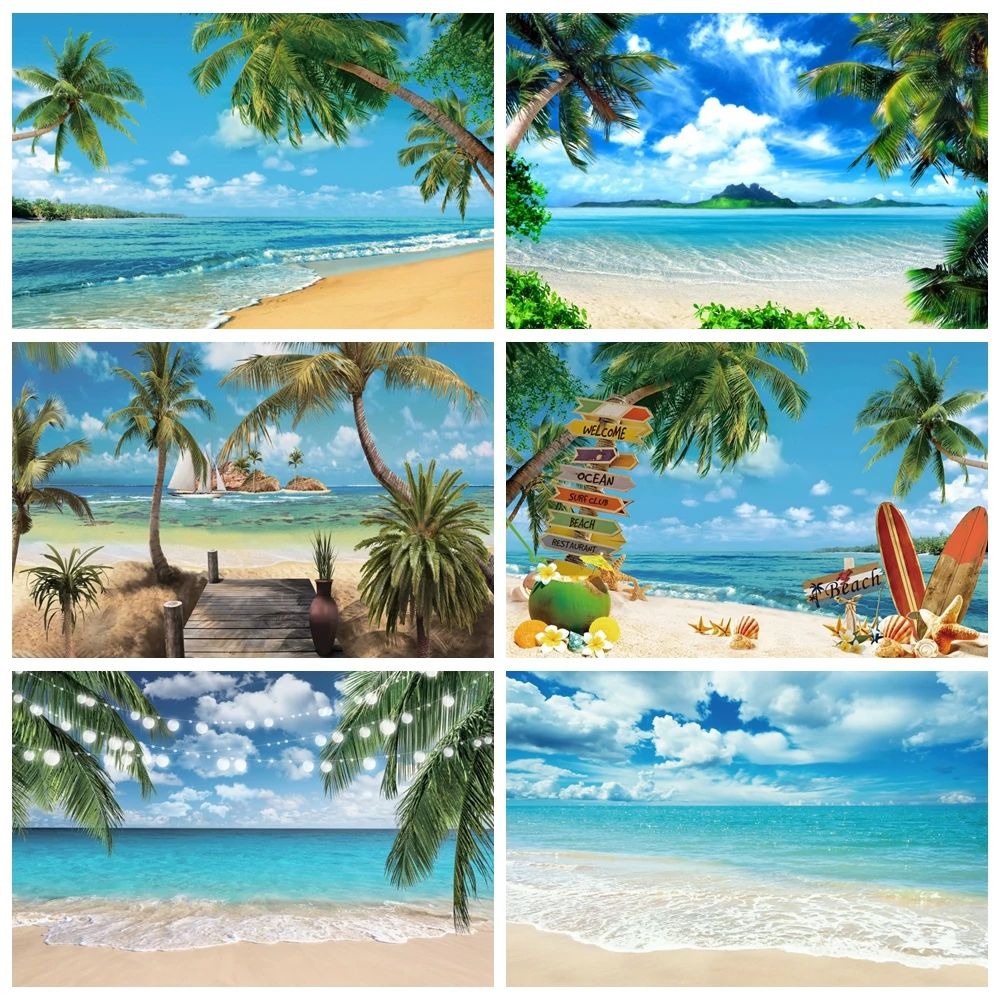 Tropical Beach Ocean Backdrop Summer Seaside Palm Tree Nature Scenery Baby Birthday Portrait Photography Background Photo Studio