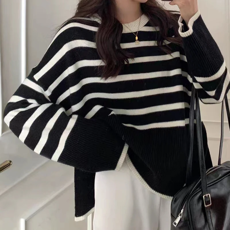 Women Thicken Warm Sweater Striped Loose Knitted Jumpers Long Sleeve O-Neck Casual Sweater For Women 2024 Autumn Winter