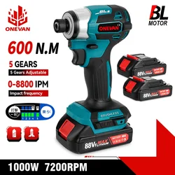 ONEVAN 600N.m Brushless Electric Screwdriver 5-Speed Cordless Electric Impact Driver Kit Drill Tool For Makita 18V Battery Pin