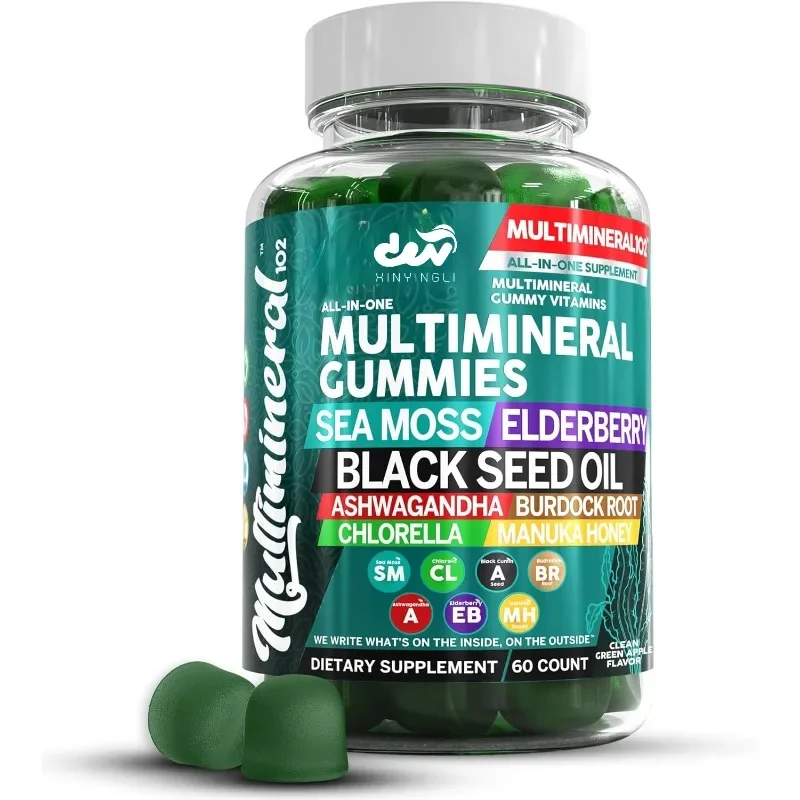 

Sea Moss Black Seed Oil Gummies with Elderberries Burdock Roots Microalgae Manuka Honey Vegetarian Vitamins Supplement