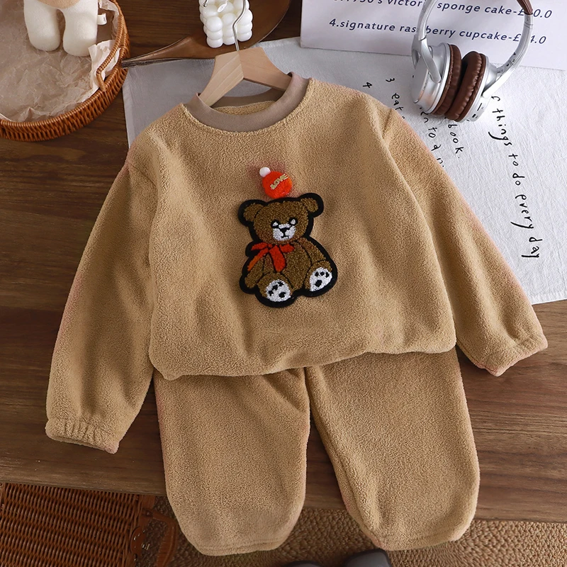 الشتاء الفانيلا الاطفال مجموعات الصلبة الدافئة الأطفال منامة مجموعات Homewear قطعتين مجموعة للطفل الفتيان الفتيات الاطفال بوتيك الملابس