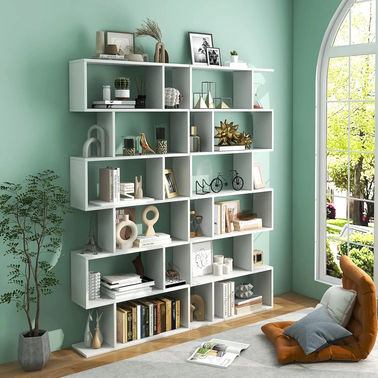 6-Tier Geometric Bookcase, Modern S-Shaped Storage Display Bookshelf for Living Room, Anti-Toppling Device, Home,