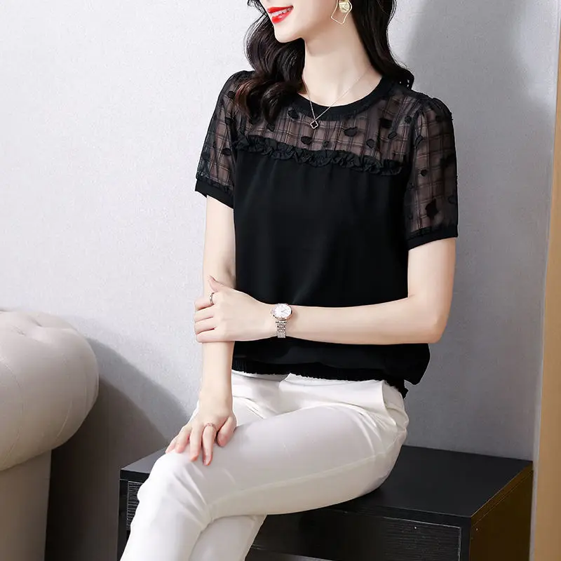 Fashion O-Neck Spliced Gauze Ruffles Hollow Out Blouse Women's Clothing 2023 Summer New Oversized Casual Tops Office Lady Shirt