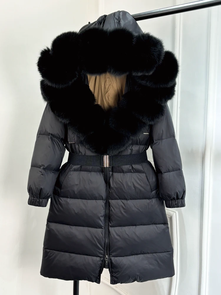 Lagabogy 2025 Winter Puffer Jacket Women Real Fox Fur Hooded Collar Thick Warm Long White Duck Down Coat Loose Luxury Outerwear