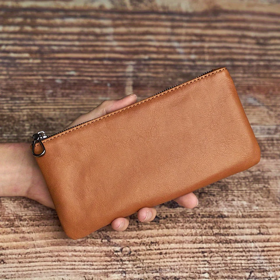 ZRCX Herren-Geldbörse aus echtem Leder mit langem Reißverschluss, erste Schicht aus Rindsleder, ultradünne Jugend-Handtaschen-Geldbörse, trendige Marke, einfache Geldbörse – Detail 8