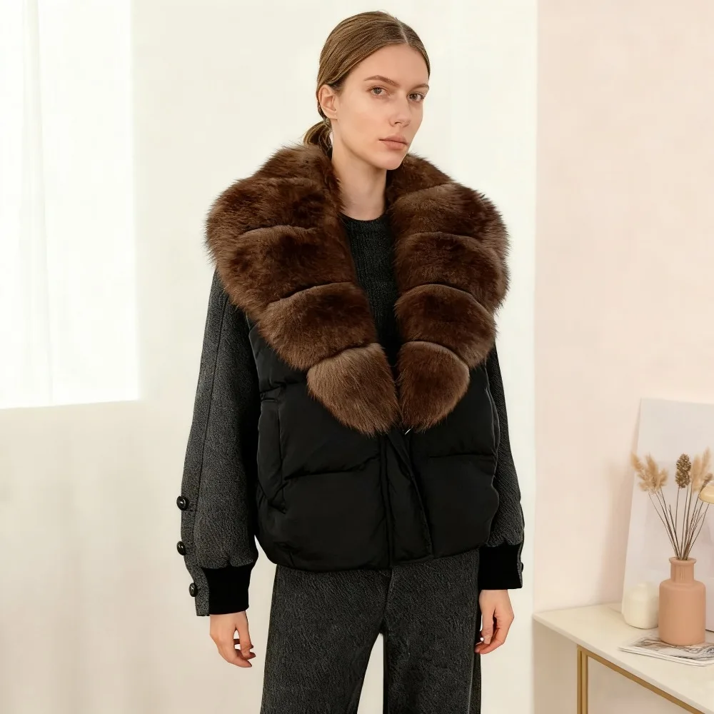 White Duck Down Jacket Women Autumn Winter Warm Loose Patchwork Sleeves Natural Real Fur Collar Coat Female Thick Puffer Jacket