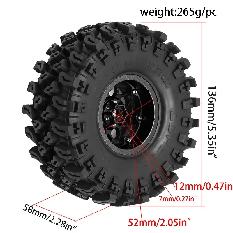 2.2インチメタルビードロックホイールとクローラータイヤ（4個）1/8 1/10 RCクローラーカーアップグレード用KM5 YK4082 YK4083 SCX10 RBX10 RR10 TRX