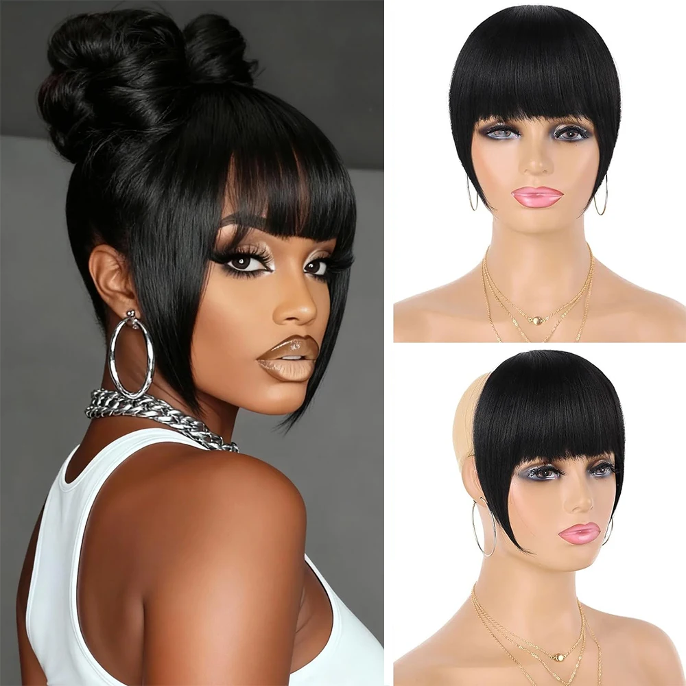 

Synthetic Wig Yaki Clip in Bangs for Black Women Short Kinky Straight Hair Extensions with Temple Thick Bangs Fringe Hairpieces