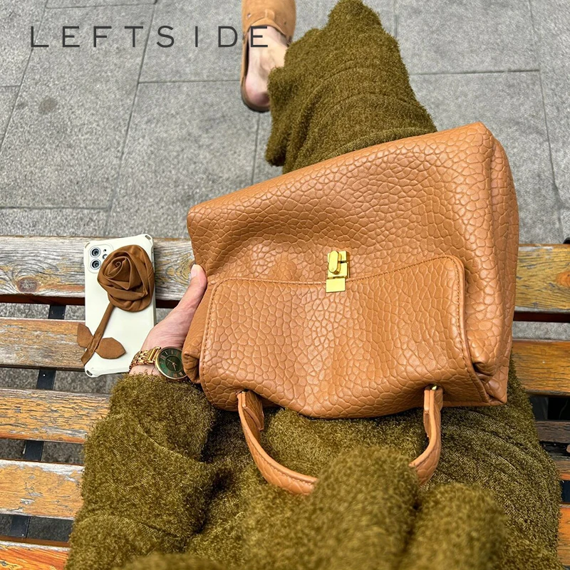 LEFTSIDE Cute Small Design Solid Color Shoulder Bags for Women 2024 Korean Fashion Handbags and Purses Leather Tote Bag