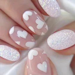 24Pc Short Oval Milky White Small Heart Glitter Powder Full Coverage Wearable Girls Women Nail Art Fake Nails Set