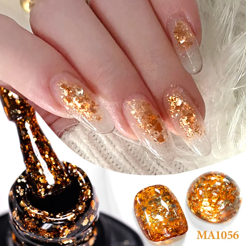 7ml Złoto-brązowy brokatowy lakier hybrydowy do paznokci, półtrwały, zdejmowany, utwardzany światłem UV/LED, lakier do manicure, artykuły do samodzielnego zdobienia paznokci