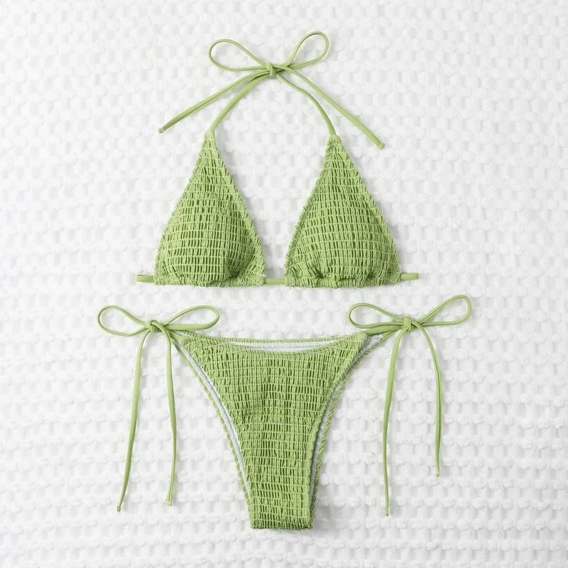 Bikini Set Sexy Green Wrinkled Micro Thong Bikini 2024 Women Swimwear String Halter Swimsuit Bandeau Bathing Suit Mini Biquinis