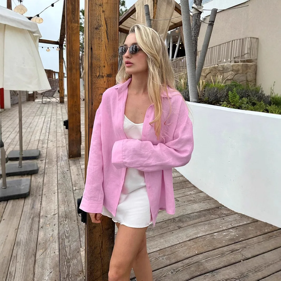 2025 Women's Oversize Shirt Long-sleeved Button Cardigan Pink Lapel Simple Korean Version White Top Blue Blouses for Female