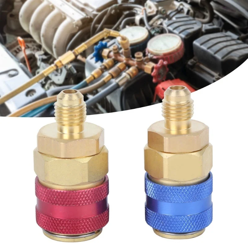 R134A Air Conditioning Quick Coupler Brass Connector Adapters High Low Red Blue Side