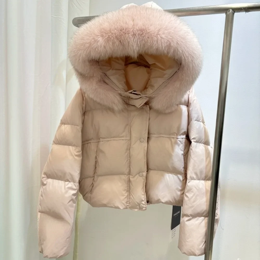 OFTBUY New Real Fox Fur Coat Hooded Fashion Winter White Duick Down Jacket Women Short Warm Simple Female Puffer Jacket Women