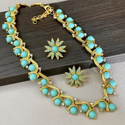 Vintage blue flower earrings retro effect heavy necklace
