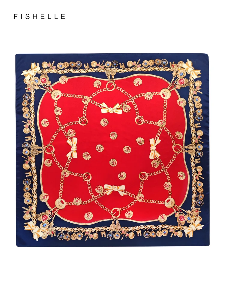 Red chain gemstone 100% natural silk scarf square head scarves luxury gift women wrap bandana hijab shawl 90cm neckerchief