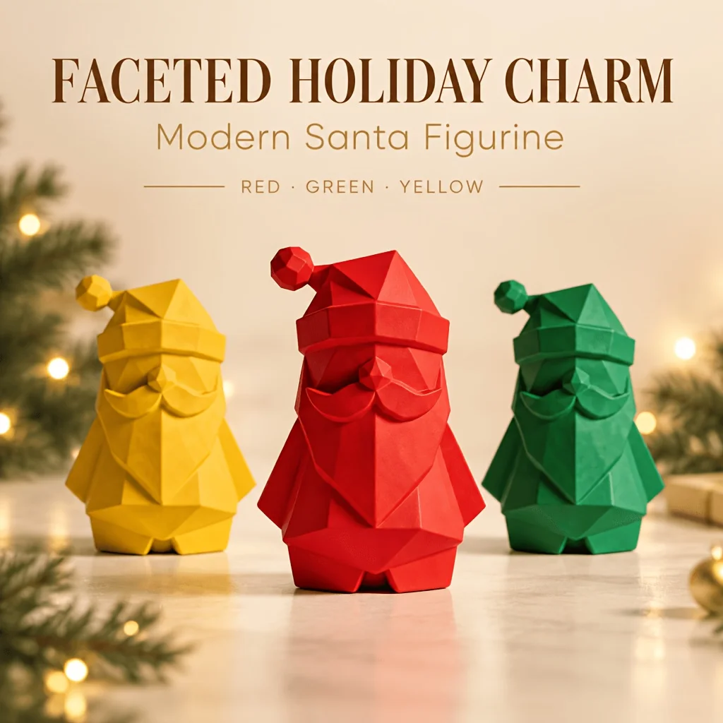 Geometric Faceted Santa Figurine, Modern Low Poly Holiday Sculpture, Tactile Angular Tabletop Decor for Contemporary Home