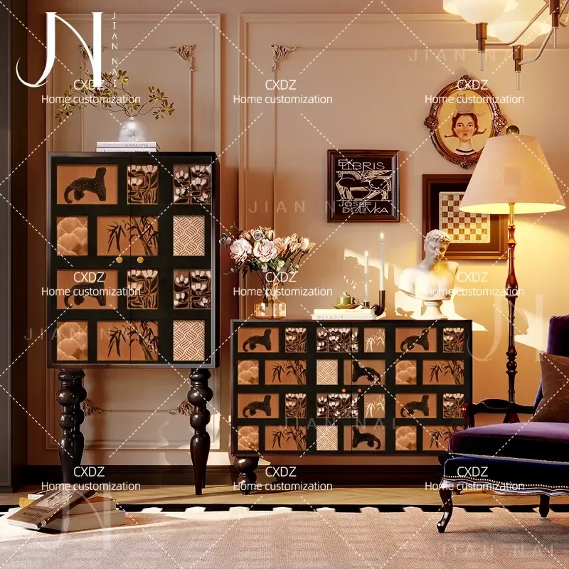 French antique illustration Tall cabinet Living room Bedroom Wall storage Locker Entrance Decorative solid wood chest