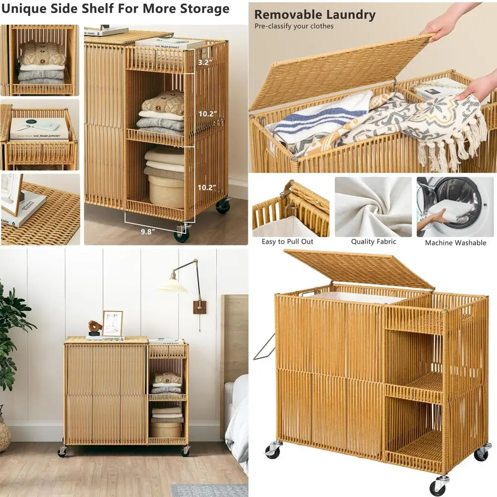 

Natural 110L Rolling Laundry Hamper with Removable Liner and Lid for Efficient Sorting