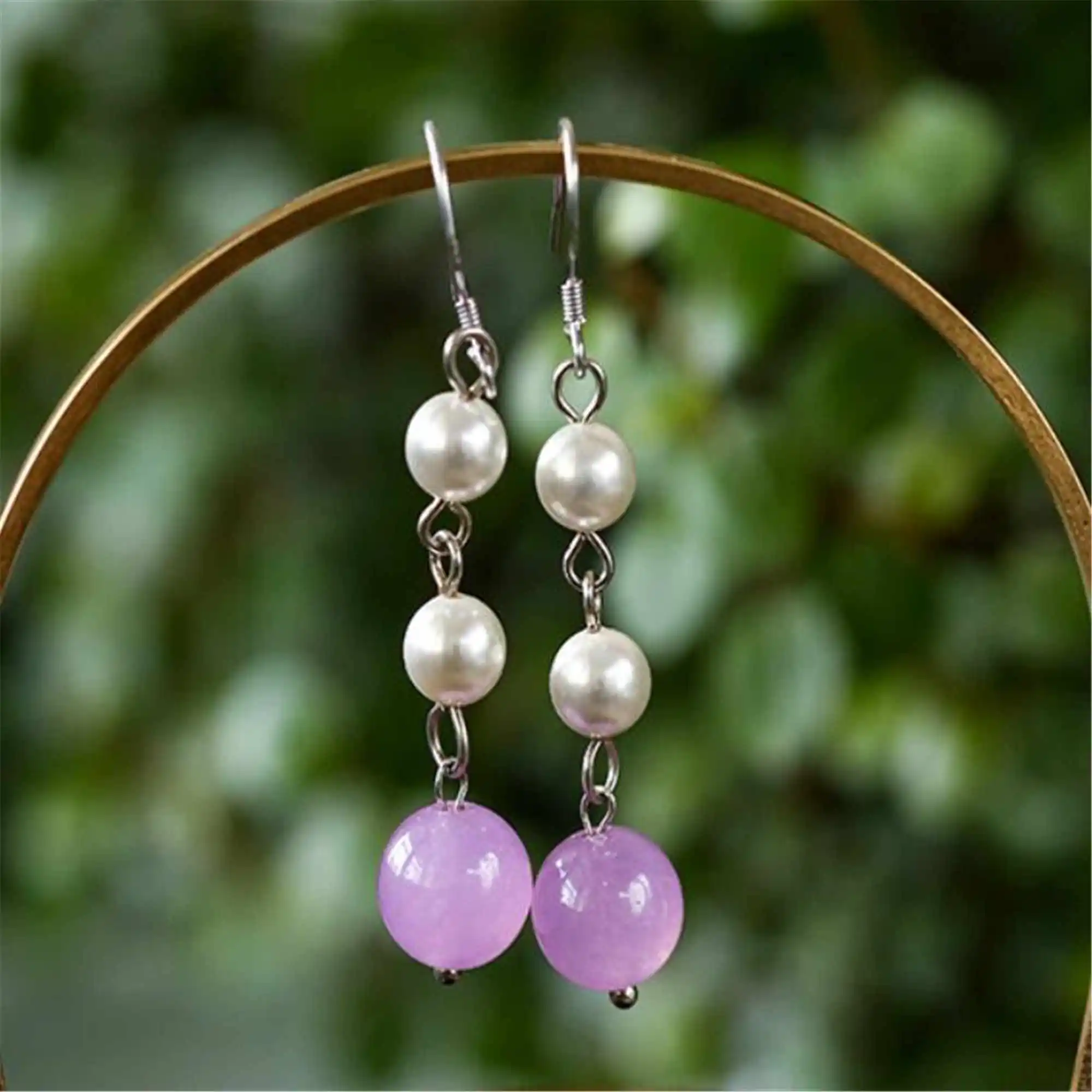 Fashion round white pearl rose quartz silver Earrings Aquaculture Women Cultured Christmas Hook