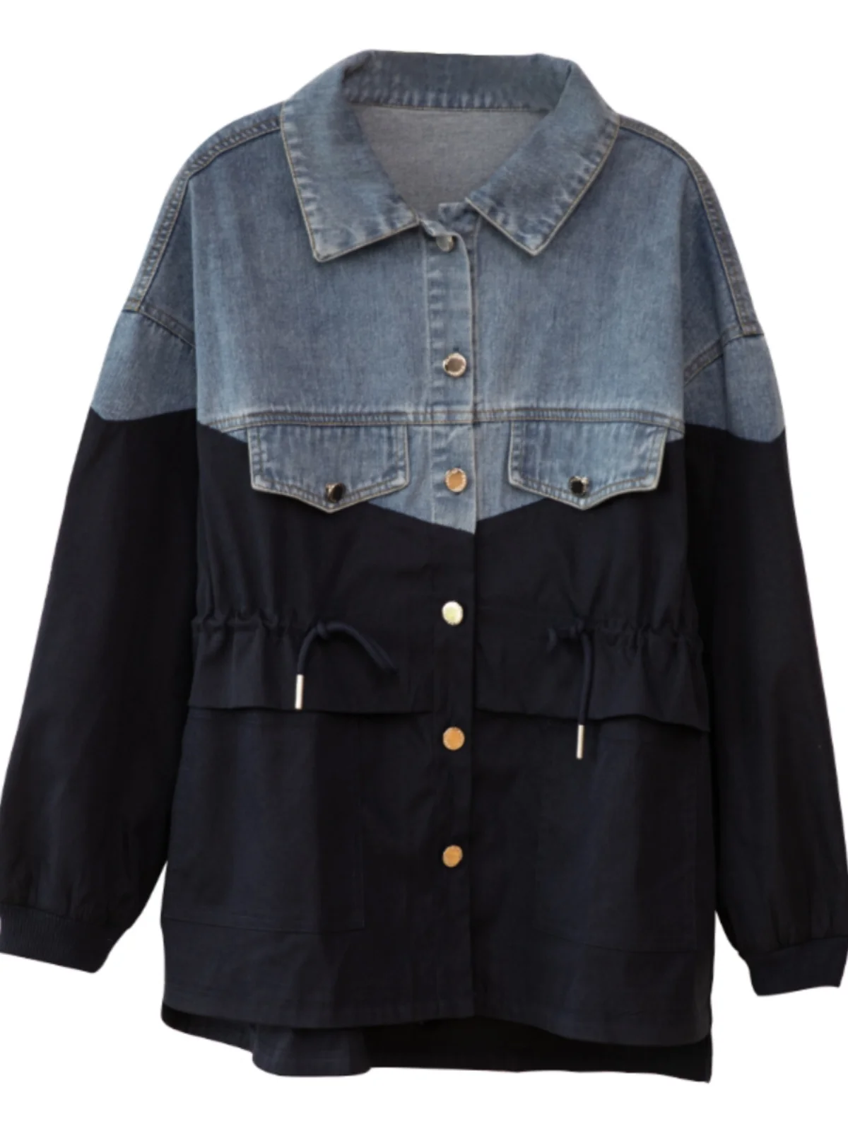 Vintage Washed Contrasting Denim Patchwork Jacket Women Splicing Style Drawstring Coat Loose Casual Waist Tied Long Sleeved Top