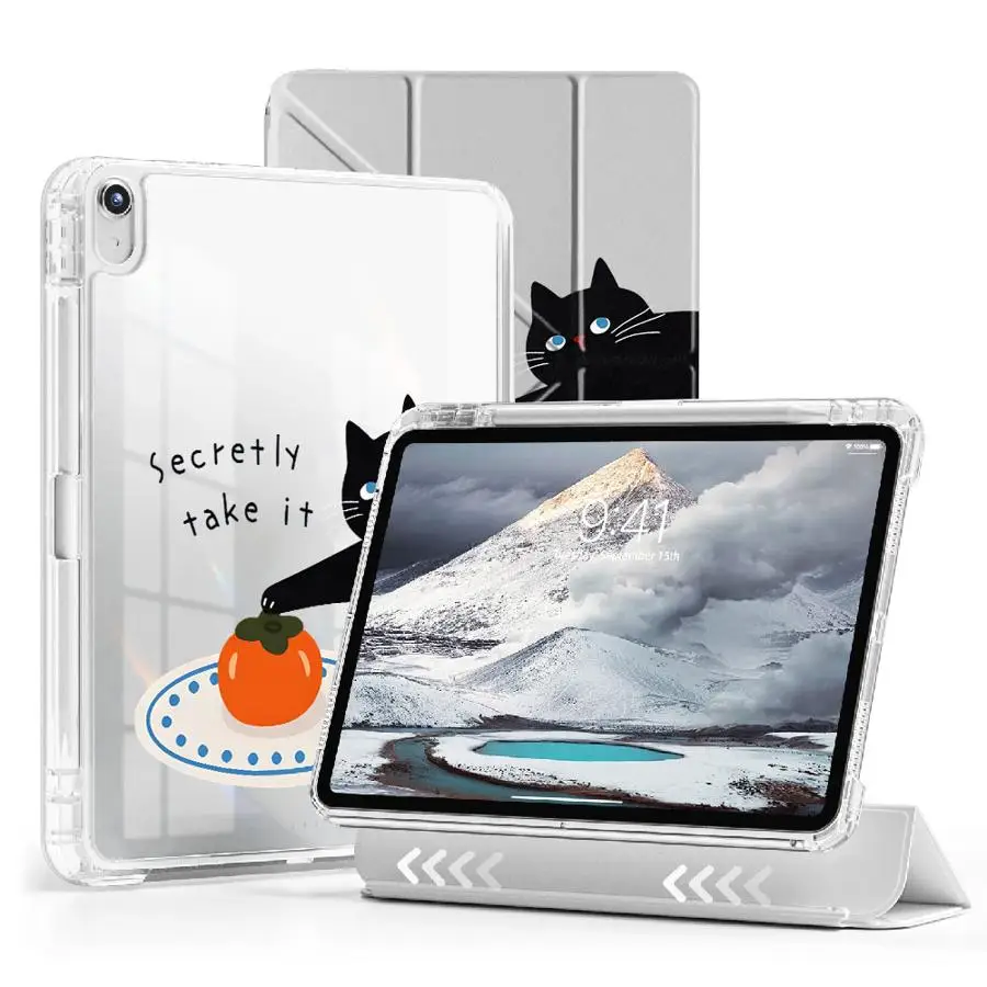 

Чехол-подставка для планшета с мультяшным черным котенком для iPad Air 4 5 M3 M2 M4 11 дюймов Pro 2025 Mini 6 7 11-го 10-го 9-го 8-го 7-го поколений 12.9 дюймов