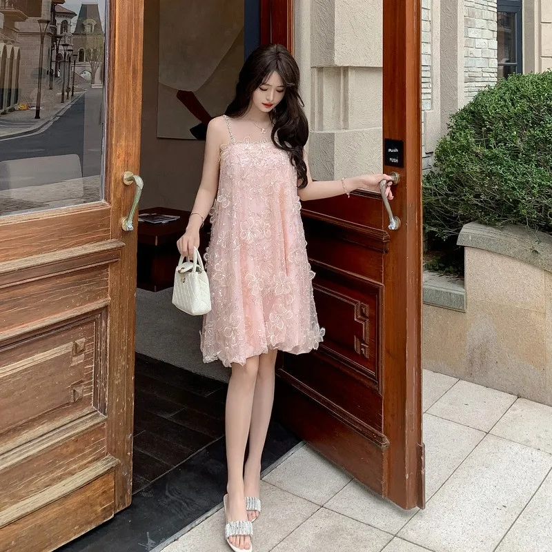 

Ele Beaded Embroidered Strap Dr Women's Gown Aosphere Level Sensation 3D Flower Net Skirt Long Sve High Collar