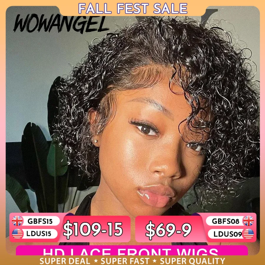 Wow Angel Short Curly Pixie Cut Wigs 13x4 HD Lace Front Wigs 250% Jerry Curly Human Hair Wigs Melt Skins HD Transparent Lace Wig