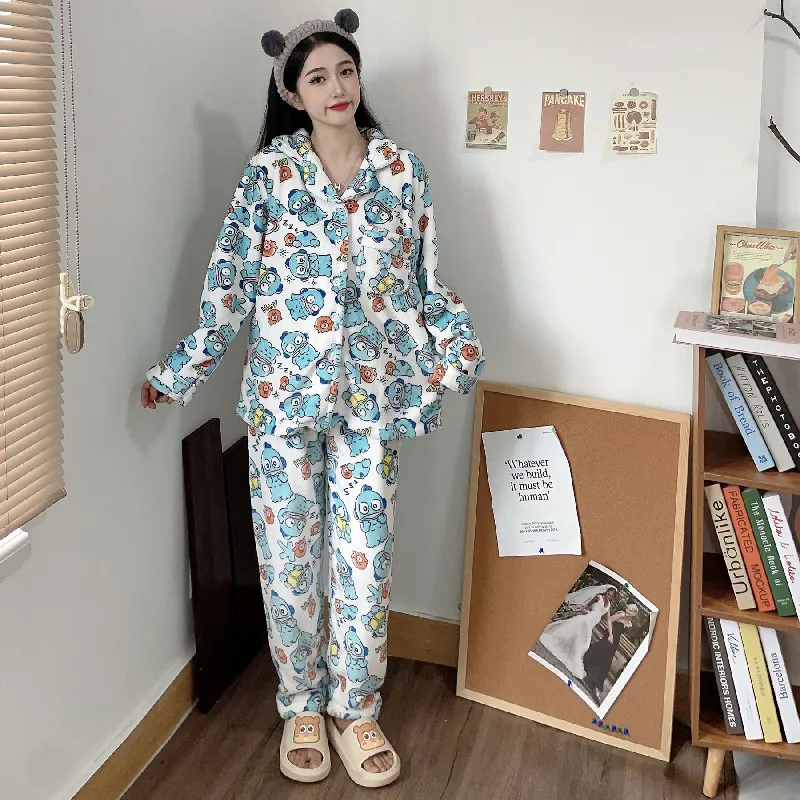 Sanrio Kawaii Hangyodon Leisure Winter Pajamas Cute Long-Sleeved Thickened Cartoon Anime Printed Girl Household Clothes Two Sets