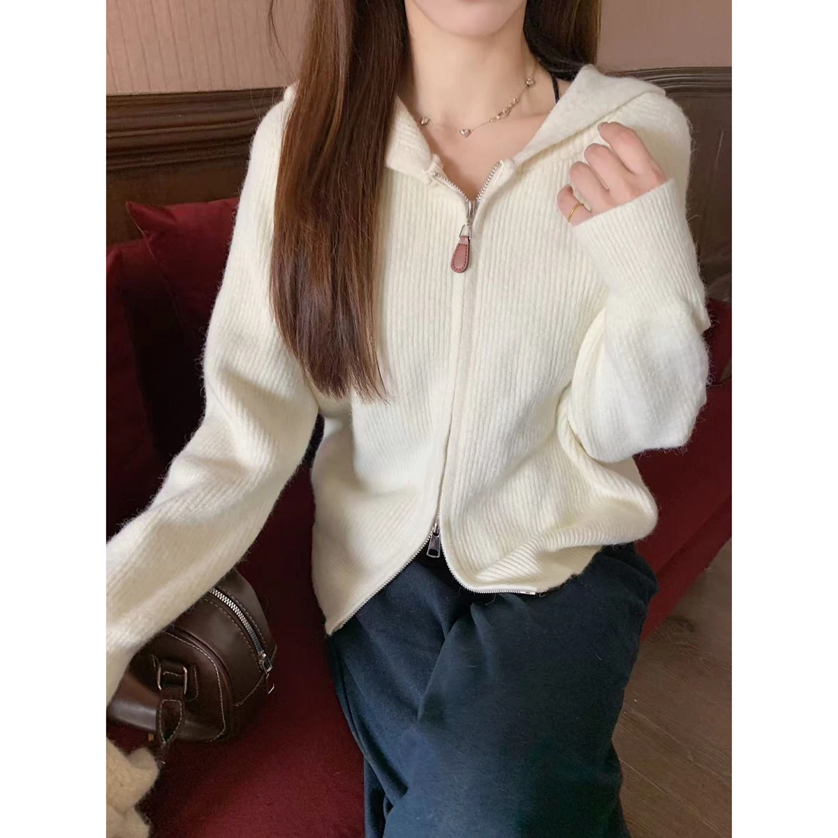 

Korean Hooded Cardigan Women Arctic Velvet Double Zipper Soft Loose Knit Jacket Autumn Winter