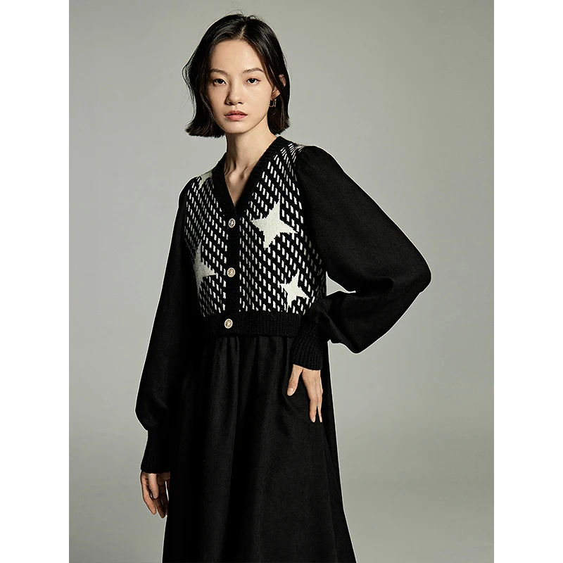 Toyouth Women Jersey Dress 2023 Winter Long Sleeve V Neck A-shaped Slim Waist Star Jacquard Retro Fashion Black Long Skirt