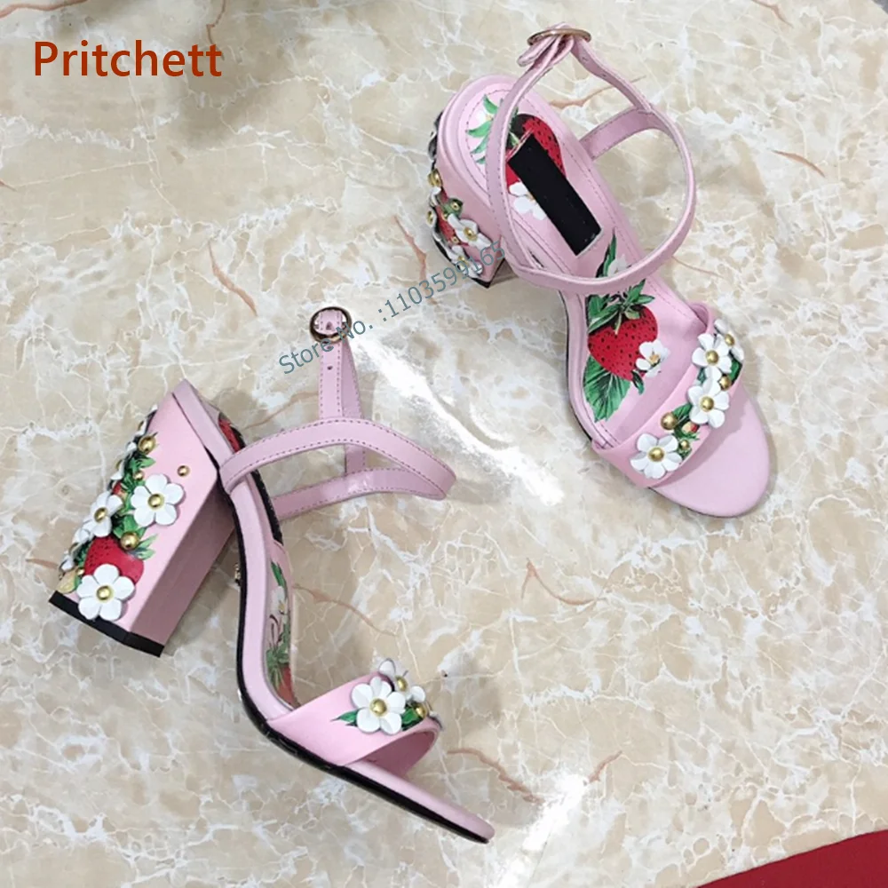 Light Color Flower Sandals Chunky Square Heels Round Toe Straight Strap Women's Shoes Ankle Band Buckle Strap Vocation Shoes