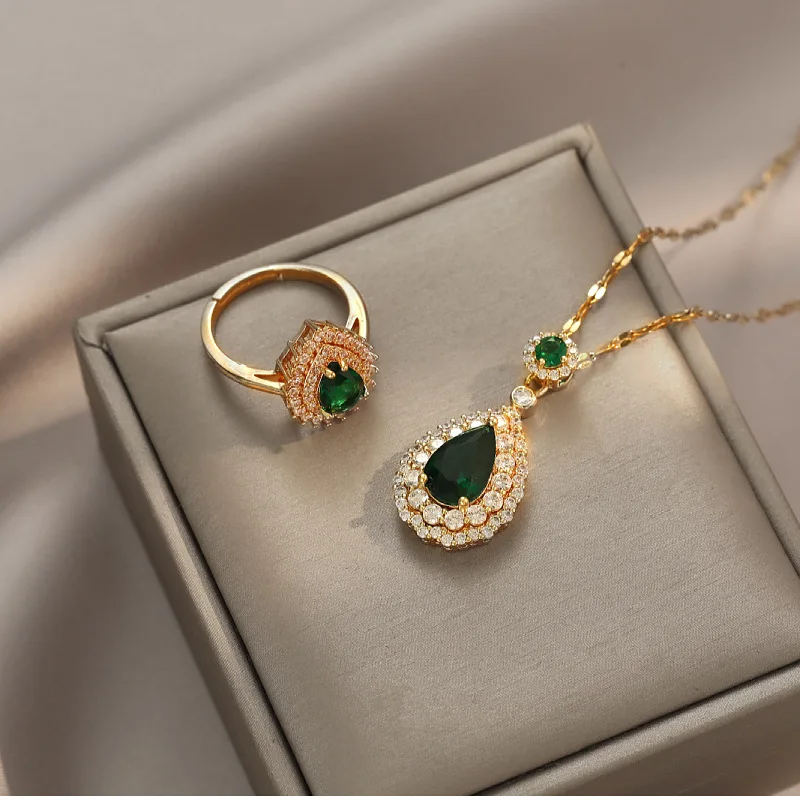 Retro Pear Green Stone Water Drop Zircon Pendant Necklace Rings For Women Gold Color Mother Birthday Wedding Bridal Jewelry Sets