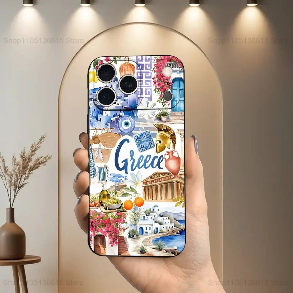 Funda de teléfono griega Aegean Sea Art para iPhone 17,16,15,14,13,12,11 Plus,Pro Max,XS,X,XR,SE,Mini,8,7, funda negra de silicona suave