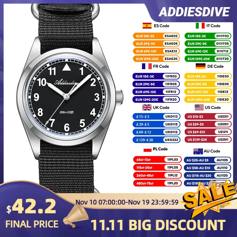 

ADDIESDIVE AD2079 New Men Pilot Watch 36mm Bubble Mirror Glass VH31 Quartz Wristwatch 100m Waterproof Luminous Men's Watches
