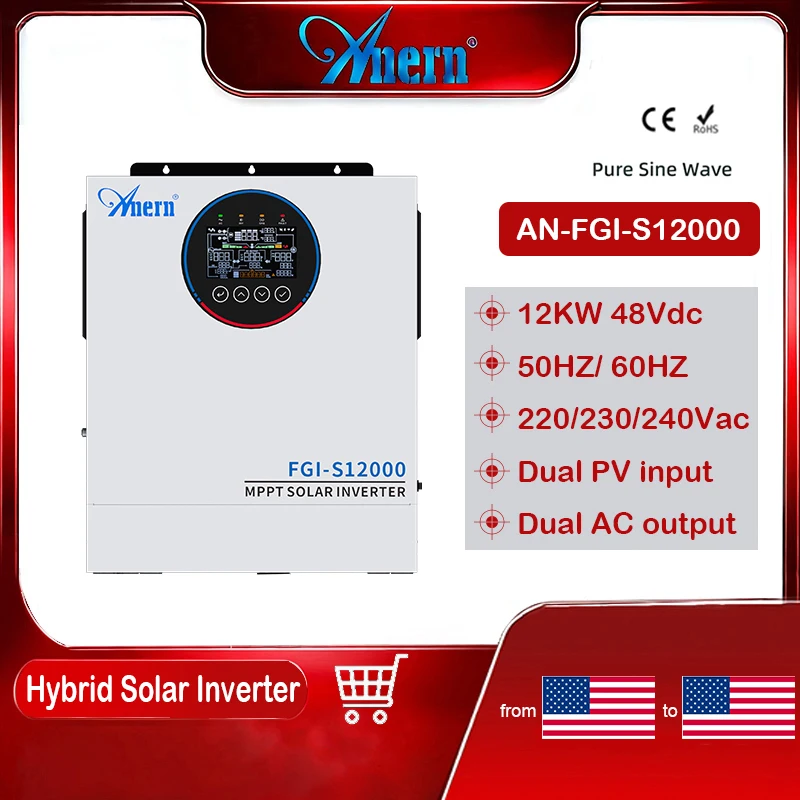 Anern 220V~240V Off-Grid 12Kw Hybrid Solar Inverter Mppt 120A 48V Pure Sine Wave Solar Inversor for Home Electrical System