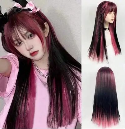 

Roze Highlights Lange Rechte Lolita Synthetische Pruik Dubbele Kleur Haar Meisje Cosplay Dagelijks Gebruik Met Pony