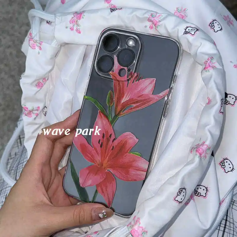 Japan Red Lily Flower Phone Case For IPhone 16 15 14 13 12 11 Pro Max Xs Xr 7 8 Plus SE2020 Transparent Soft Clear Case Shell