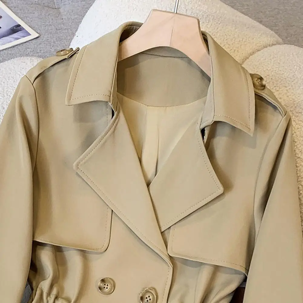 

Women Cropped Jackets Autumn Elegant Vintage Solid Color Long Sleeve Double Breasted Trench Coat With Belt Windproof Warm Coat