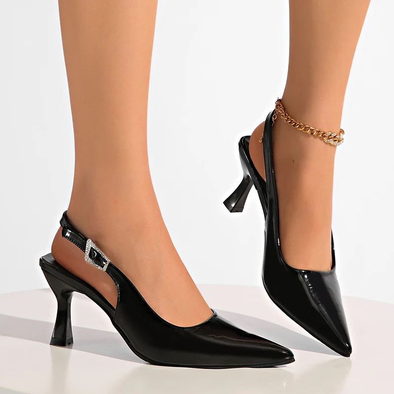 Black Patent Sling Back Pumps for Women Sping 2026 Crystal Buckle High Heels Party Shoes Woman Sexy Pointed toe Gladiator Shoes