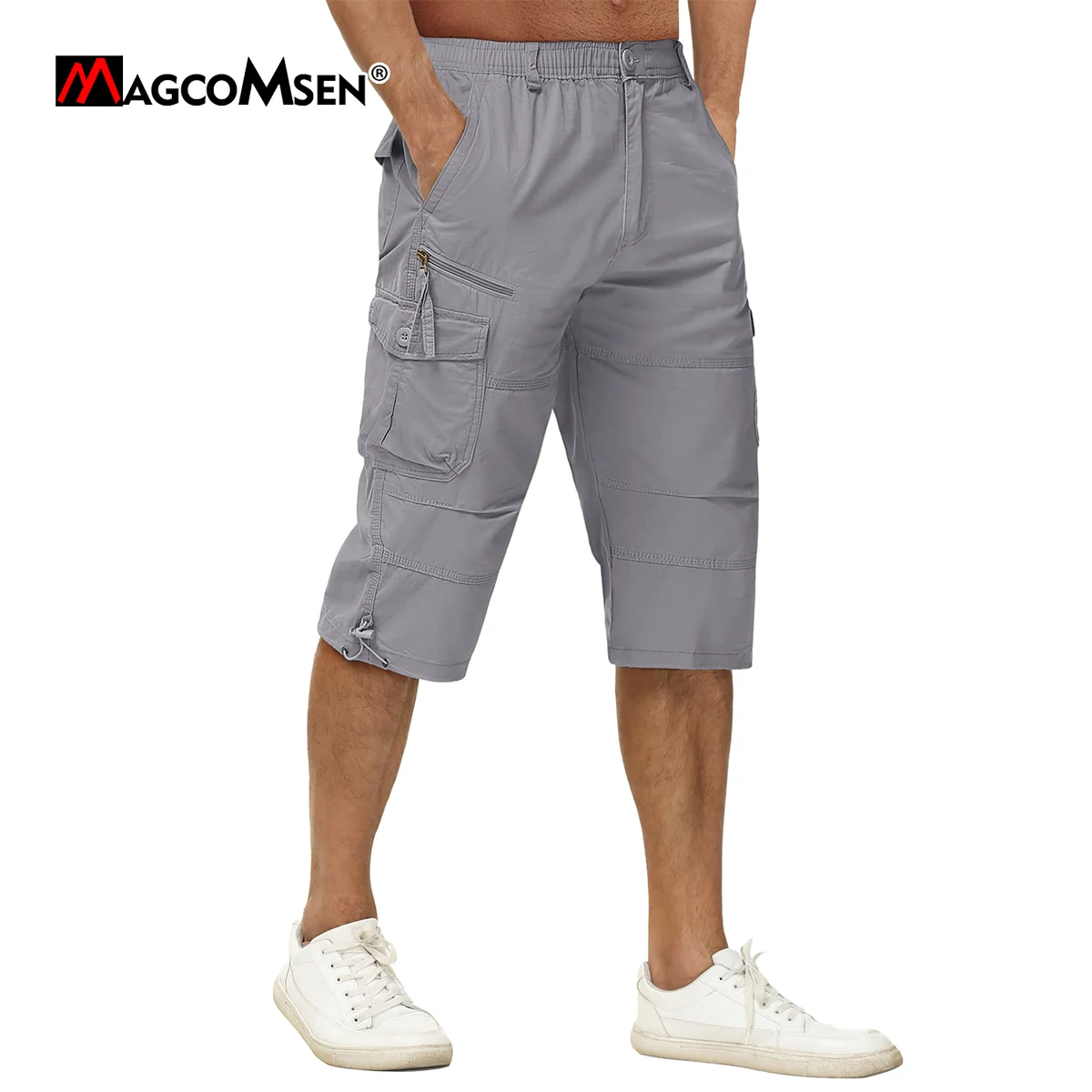 MAGCOMSEN Men's Capri Pants Twill Elastic Below Knee Cargo Shorts 3/4 Capri Long Shorts with 7 Pockets