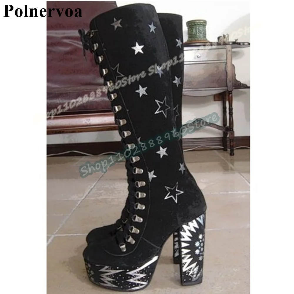 

Knee High Black Flock Platform Star Boots Chunky High Heel Shoes For Women Cross Tied Round Toe Casual Banquet Trending Boots