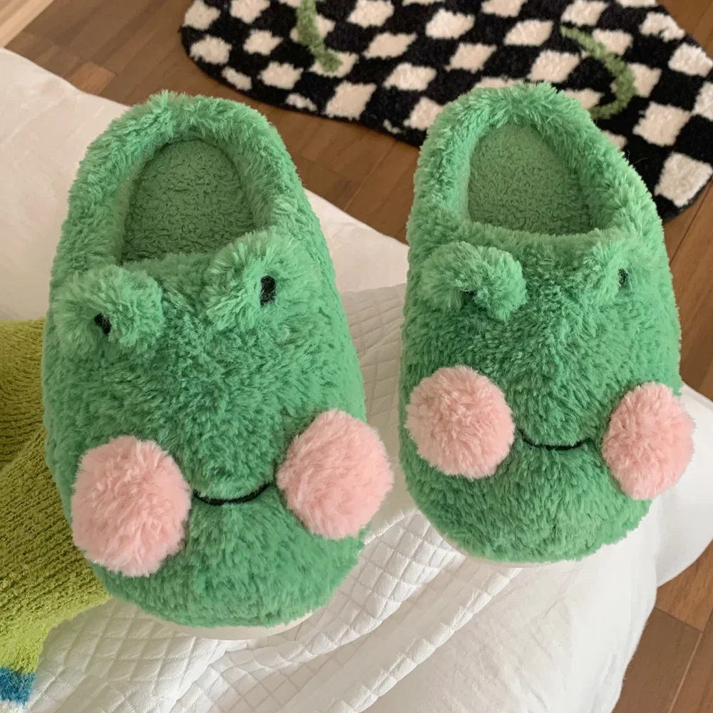 Cute Cartoon Frog Cotton Slippers Women Men Winter Warm Shoes Soft Fur Thick Sole Anti-slip Couples Indoor Home Floor Slides