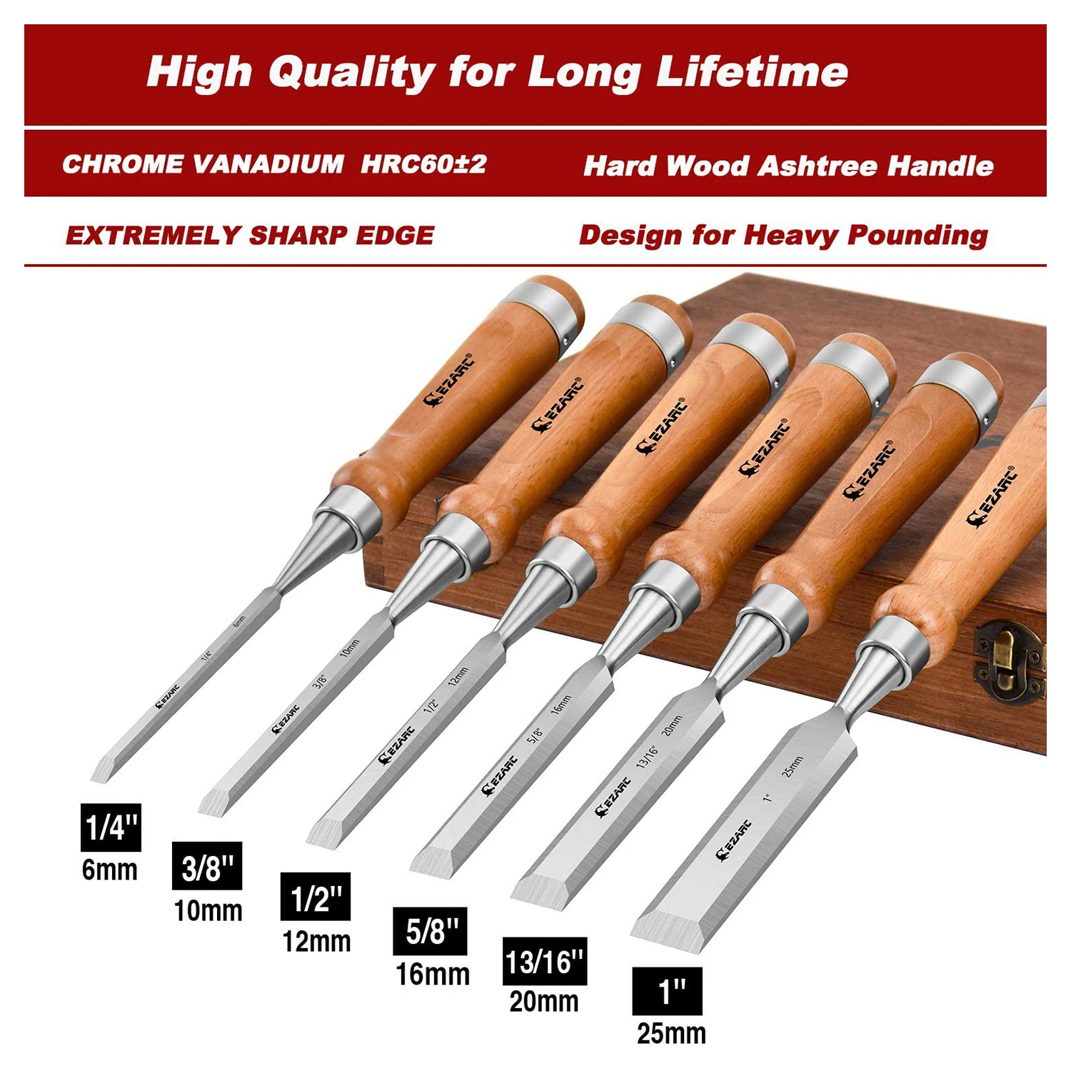 EZARC 6pcs Wood Chisel Set for Woodworking CRV Steel with Walnut Handle in Wooden Premium Box